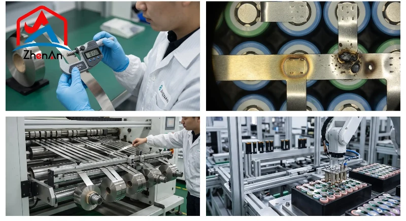 A technician precisely measuring the 0.150 mm thick nickel strip tolerance using a calibrated digital micrometer A technician precisely measuring the 0.150 mm thick nickel strip tolerance using a calibrated digital micrometer