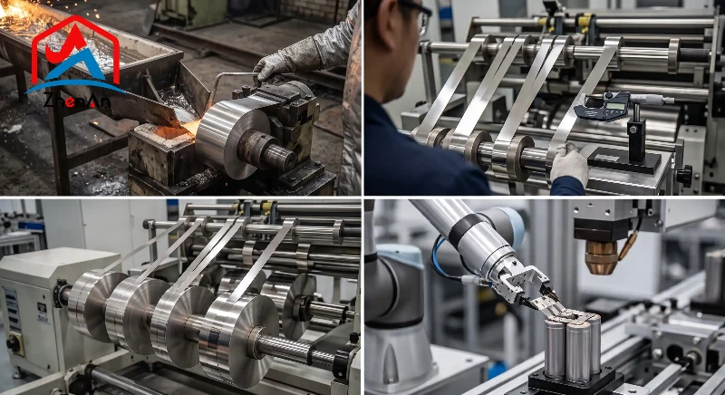 Nickel strip production, precision slitting and battery tab welding process Nickel strip production, precision slitting and battery tab welding process
